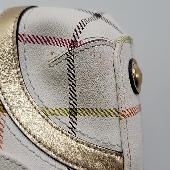 Coach Tattersall Plaid Peyton Pebbled Leather Shoulder Bag Cream Gold Pink Blue - Picture 9 of 16